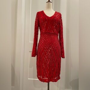 Boston Proper red mesh sequin long sleeve dress Size XS